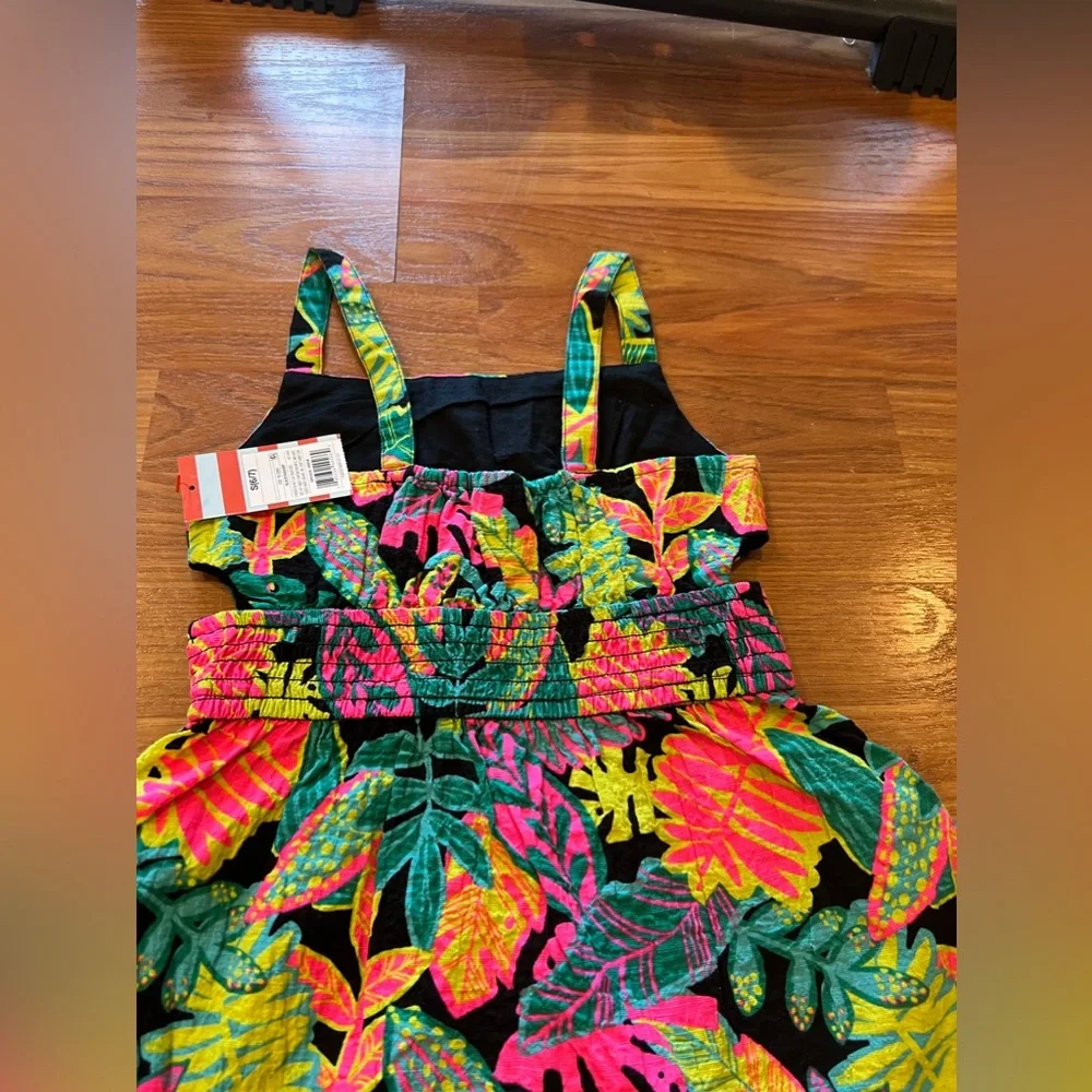 1. Girls Sundress - Tropical Foliage Print Dress - Black w Bright Colors
